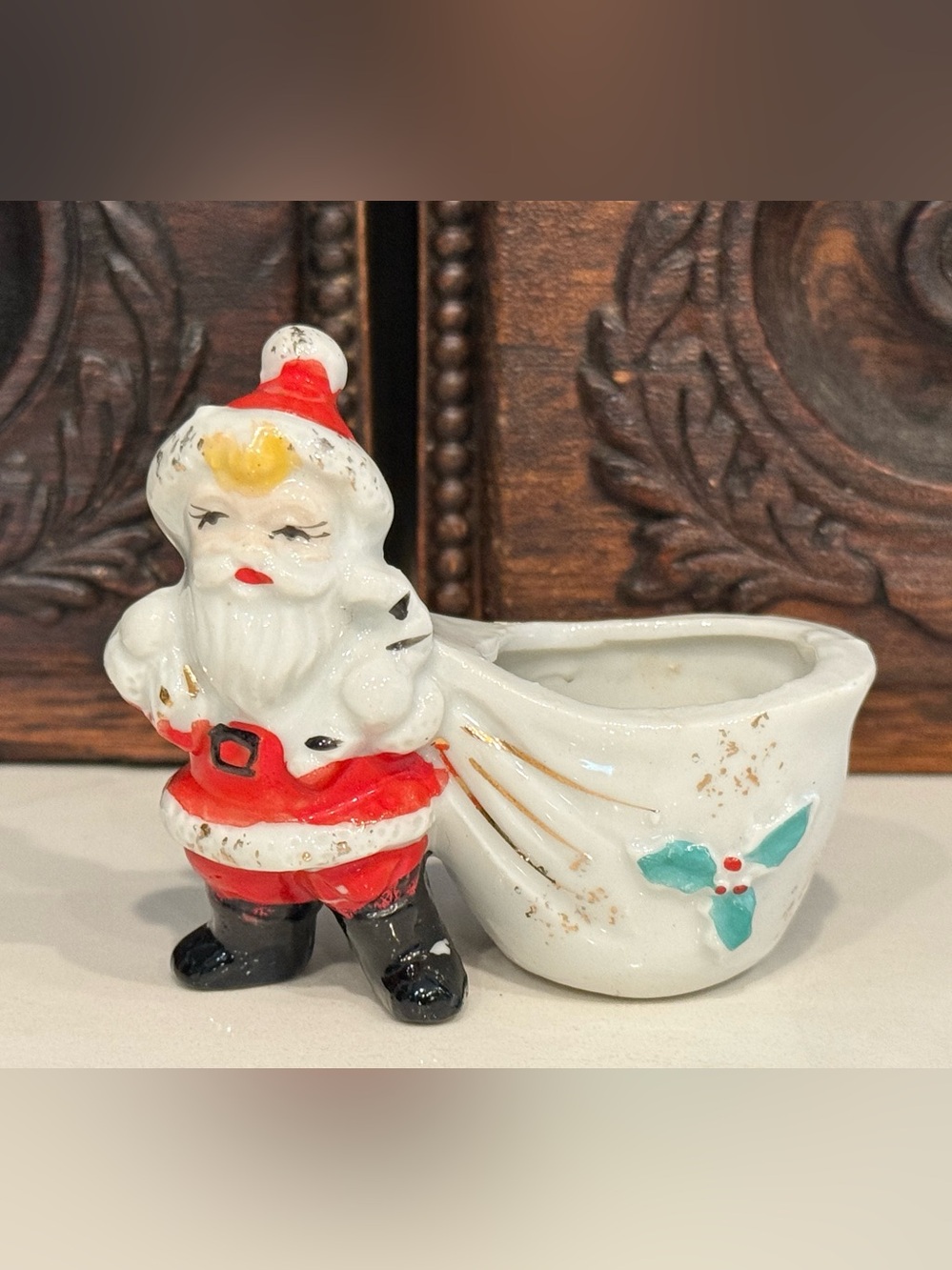 Vintage Mid Century Santa with Sack Toothpick holder, planter Ceramic Figurine
